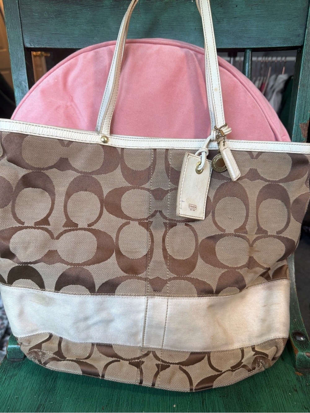 Coach Brown Signature Canvas Tote with Cream Trim